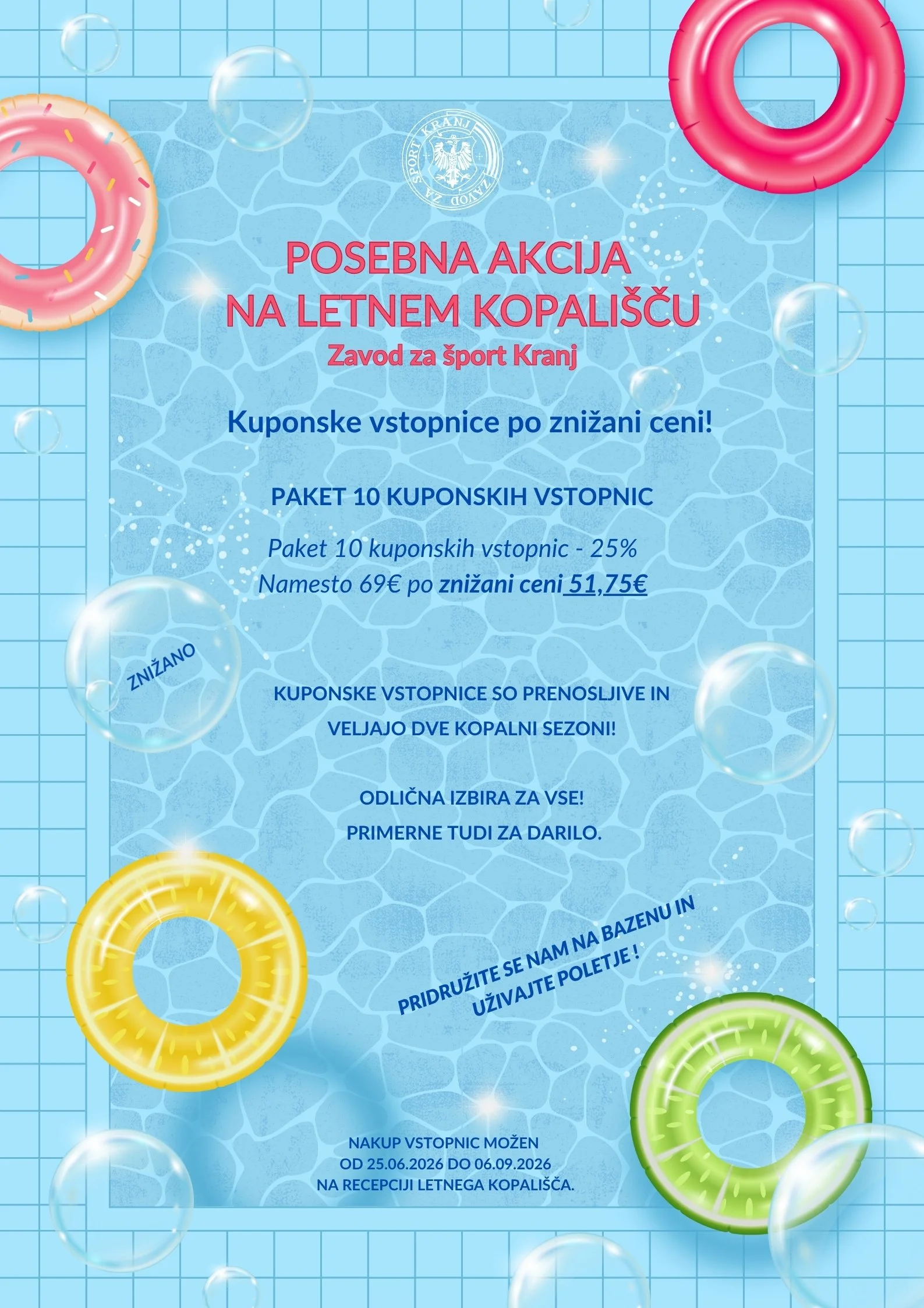 KUPONSKE VSTOPNICE ZA LETNO KOPALIŠČE PO ZNIŽANI CENI - 10 x kuponska vstopnica s 25 % popustom za samo 51,75 €