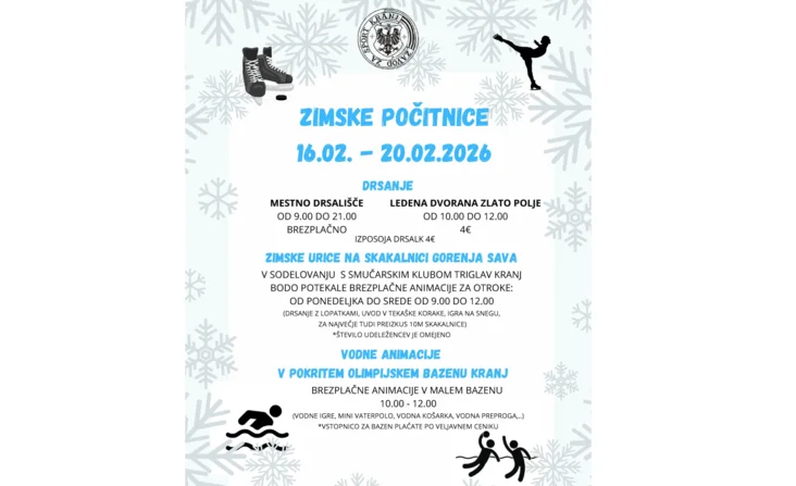 Animacije za otroke med zimskimi počitnicami od 16. 2. do 20. 2. 2026